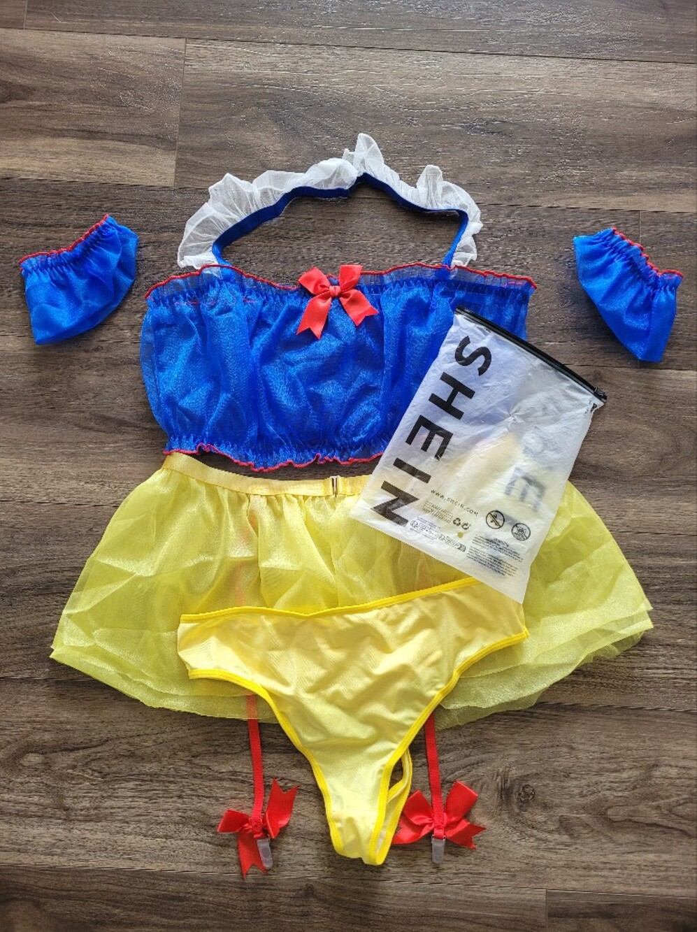 SHEIN Blue Bandeau & Yellow Sheer Two-Piece Set with Red Accents